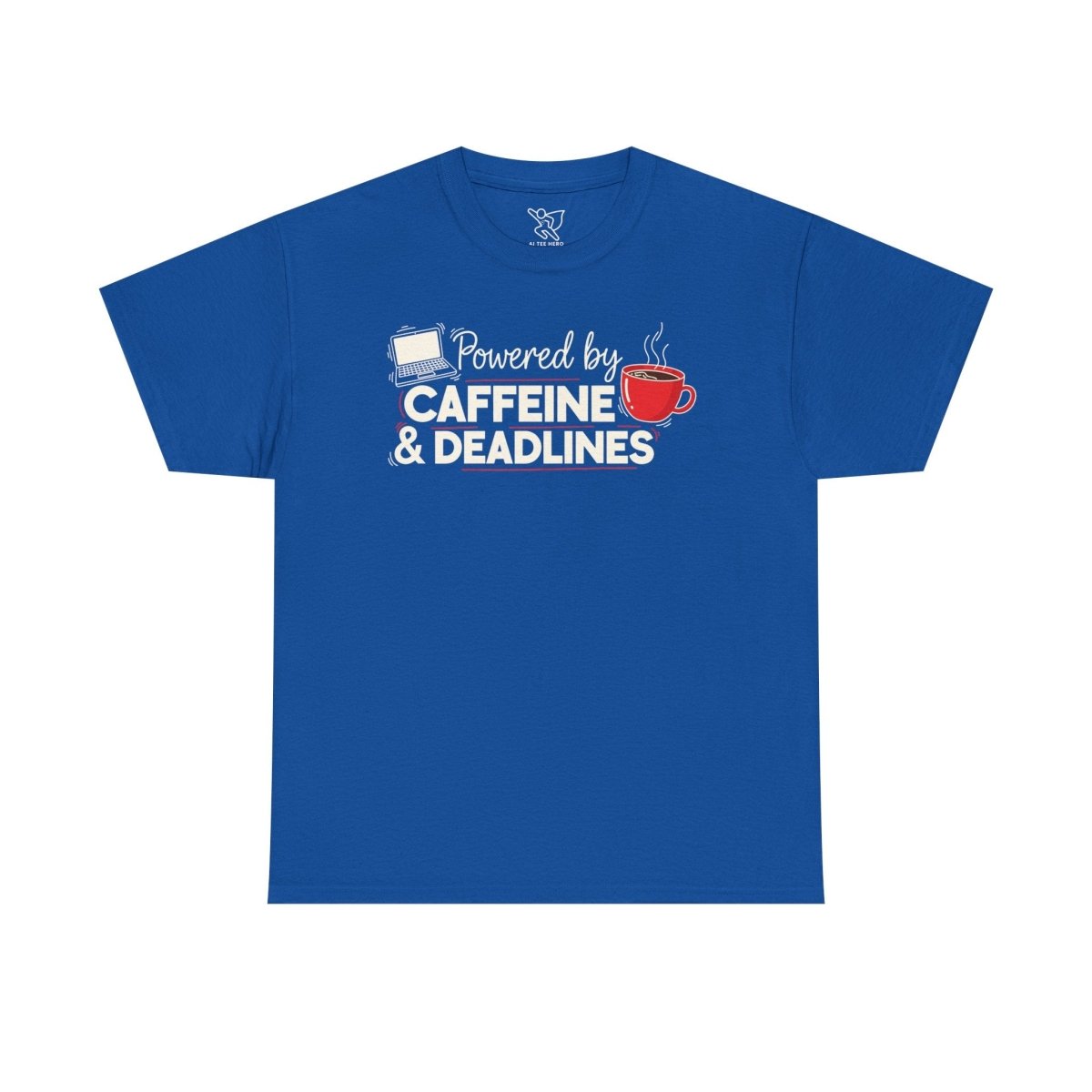 "Powered by Caffeine and Deadlines" Unisex Heavy Cotton Tee - Perfect Gift for Coffee Lovers, Writers, and Students, Casual Wear, Fun Graphic Tee - AI Tee Hero