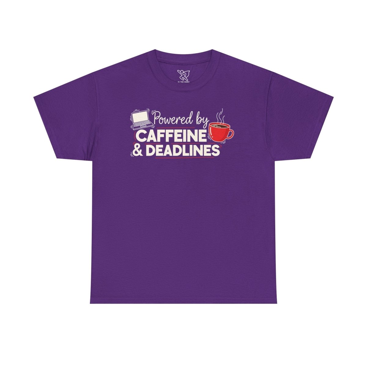 "Powered by Caffeine and Deadlines" Unisex Heavy Cotton Tee - Perfect Gift for Coffee Lovers, Writers, and Students, Casual Wear, Fun Graphic Tee - AI Tee Hero