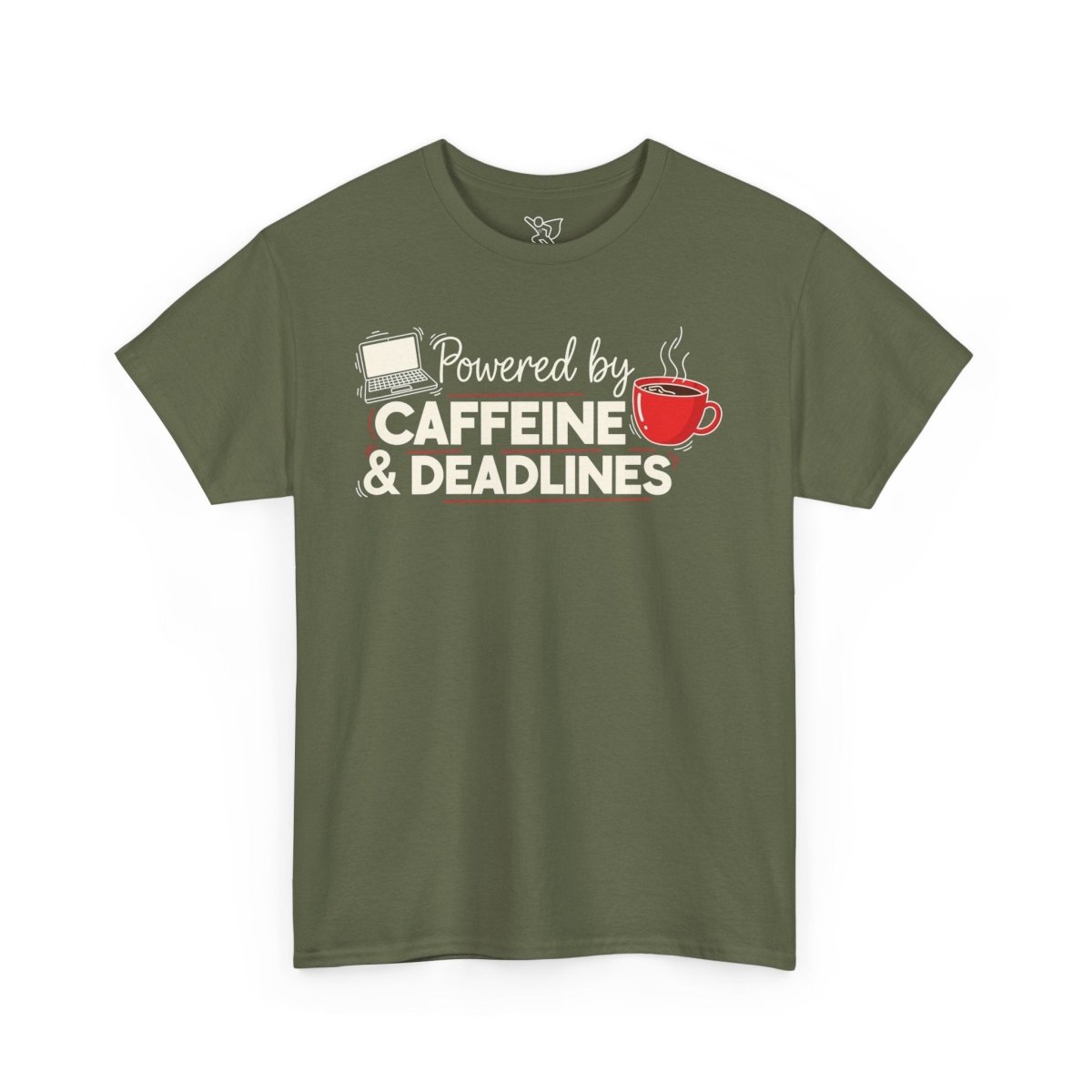 "Powered by Caffeine and Deadlines" Unisex Heavy Cotton Tee - Perfect Gift for Coffee Lovers, Writers, and Students, Casual Wear, Fun Graphic Tee - AI Tee Hero