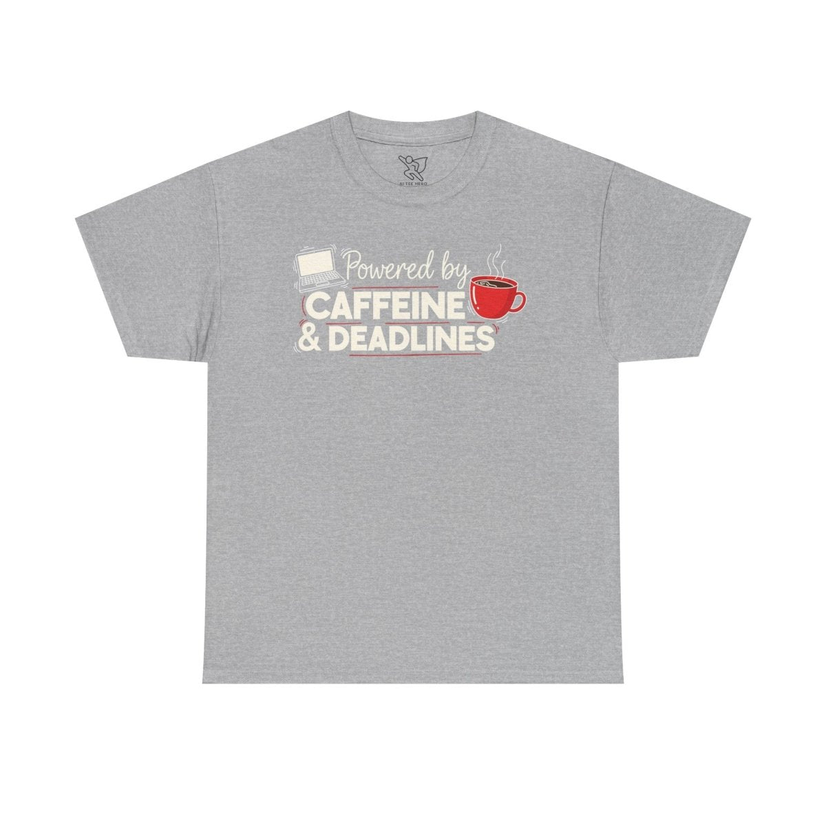 "Powered by Caffeine and Deadlines" Unisex Heavy Cotton Tee - Perfect Gift for Coffee Lovers, Writers, and Students, Casual Wear, Fun Graphic Tee - AI Tee Hero