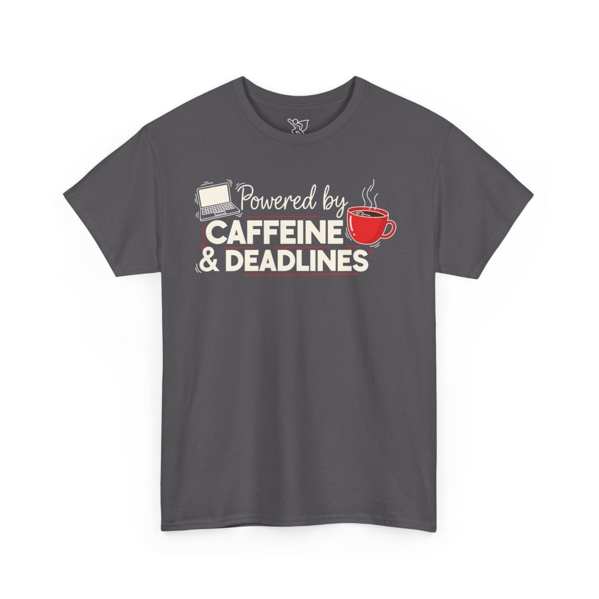 "Powered by Caffeine and Deadlines" Unisex Heavy Cotton Tee - Perfect Gift for Coffee Lovers, Writers, and Students, Casual Wear, Fun Graphic Tee - AI Tee Hero
