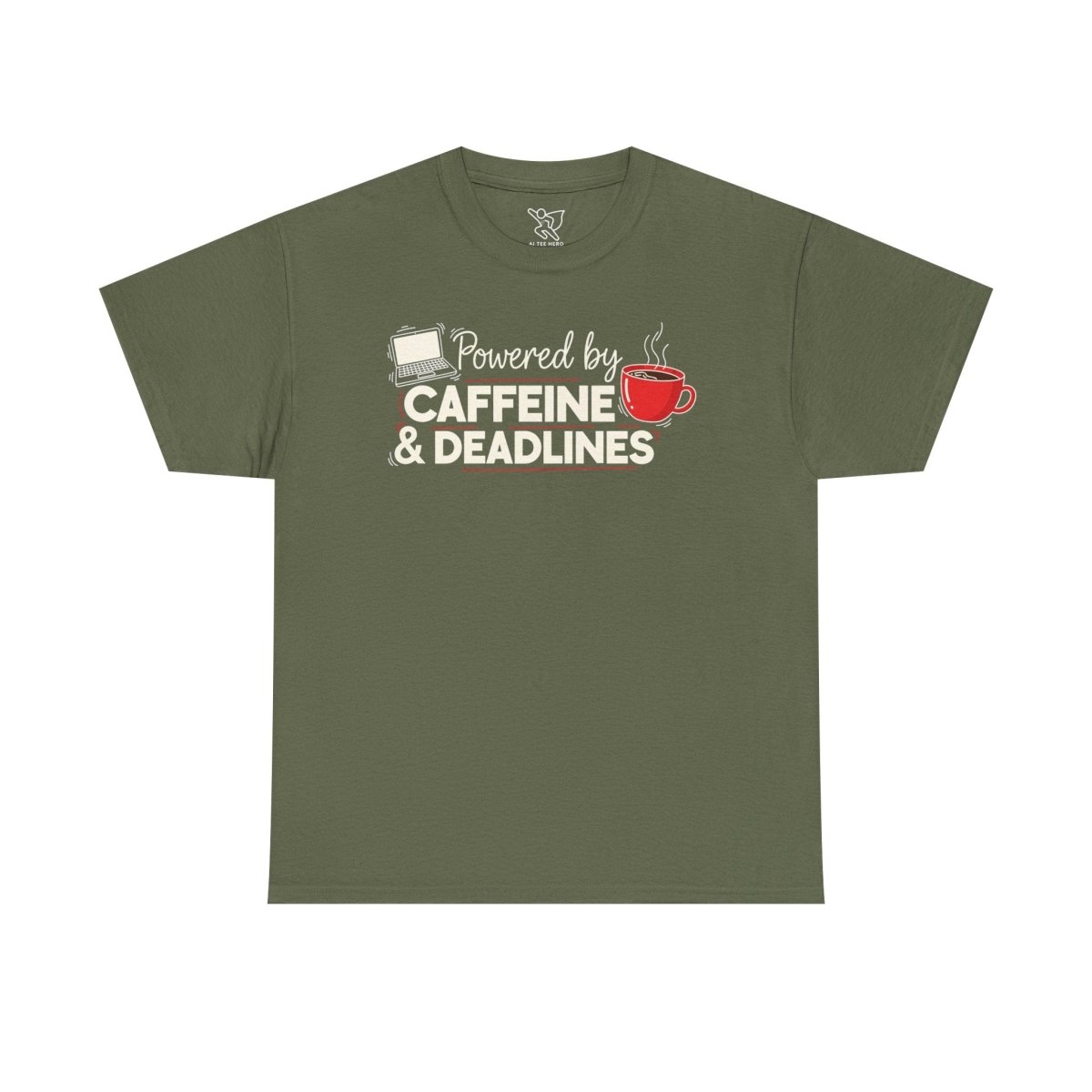 "Powered by Caffeine and Deadlines" Unisex Heavy Cotton Tee - Perfect Gift for Coffee Lovers, Writers, and Students, Casual Wear, Fun Graphic Tee - AI Tee Hero