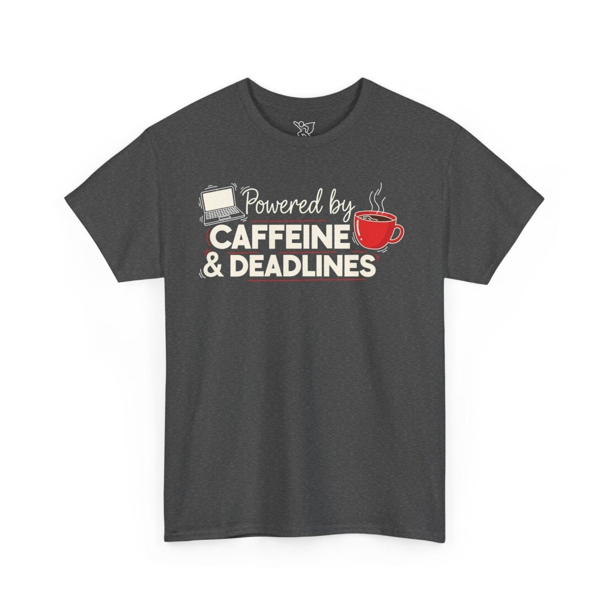 "Powered by Caffeine and Deadlines" Unisex Heavy Cotton Tee - Perfect Gift for Coffee Lovers, Writers, and Students, Casual Wear, Fun Graphic Tee - AI Tee Hero
