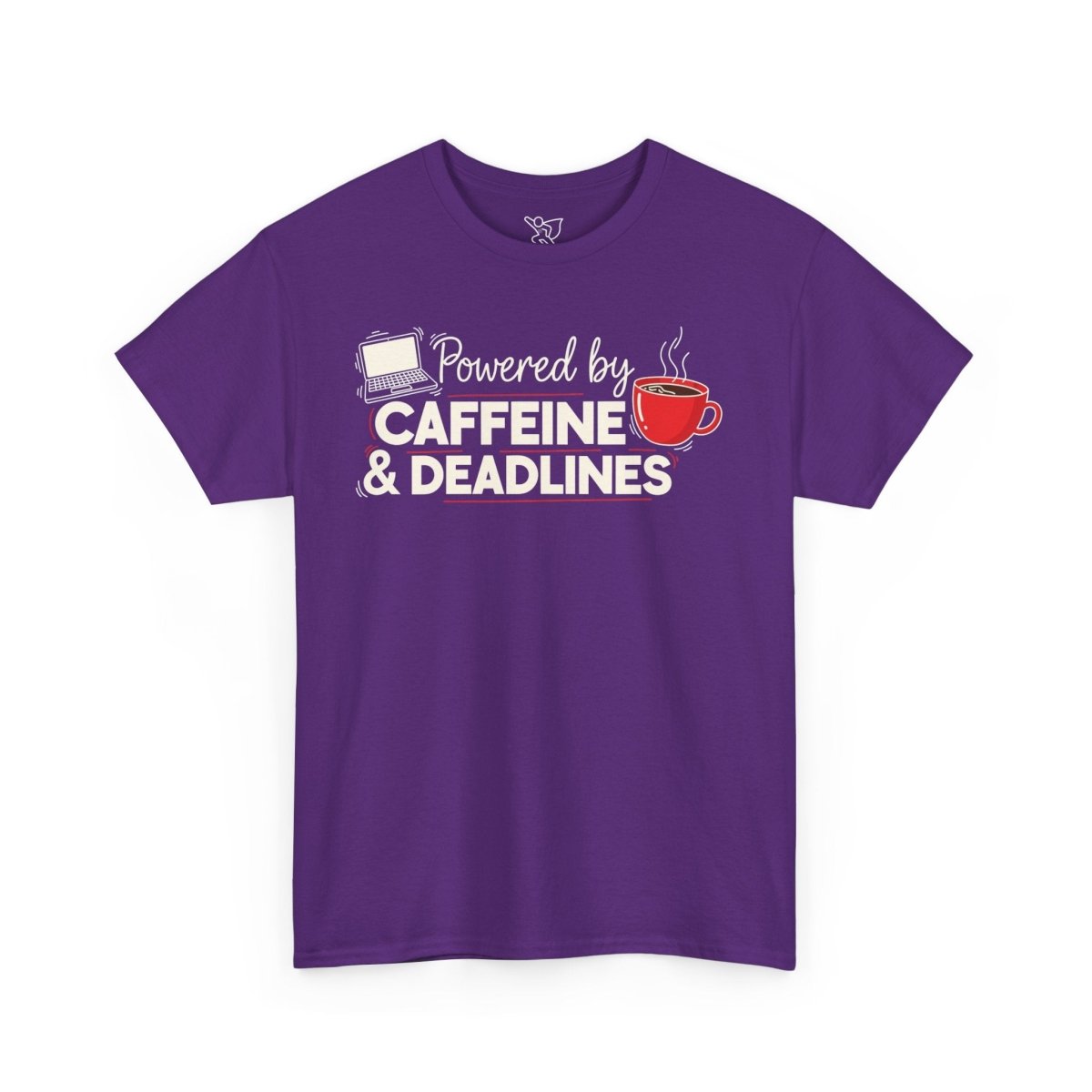 "Powered by Caffeine and Deadlines" Unisex Heavy Cotton Tee - Perfect Gift for Coffee Lovers, Writers, and Students, Casual Wear, Fun Graphic Tee - AI Tee Hero