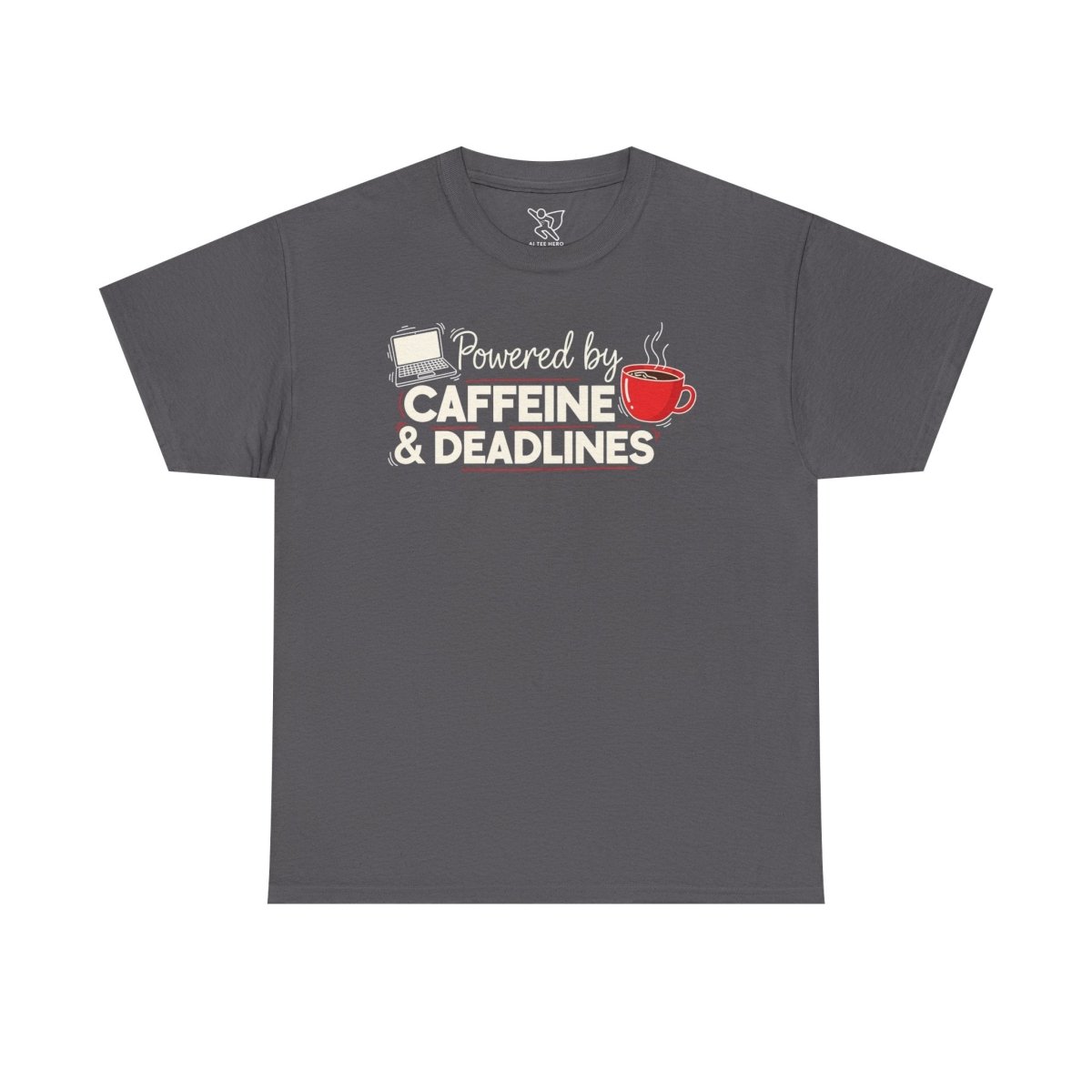 "Powered by Caffeine and Deadlines" Unisex Heavy Cotton Tee - Perfect Gift for Coffee Lovers, Writers, and Students, Casual Wear, Fun Graphic Tee - AI Tee Hero