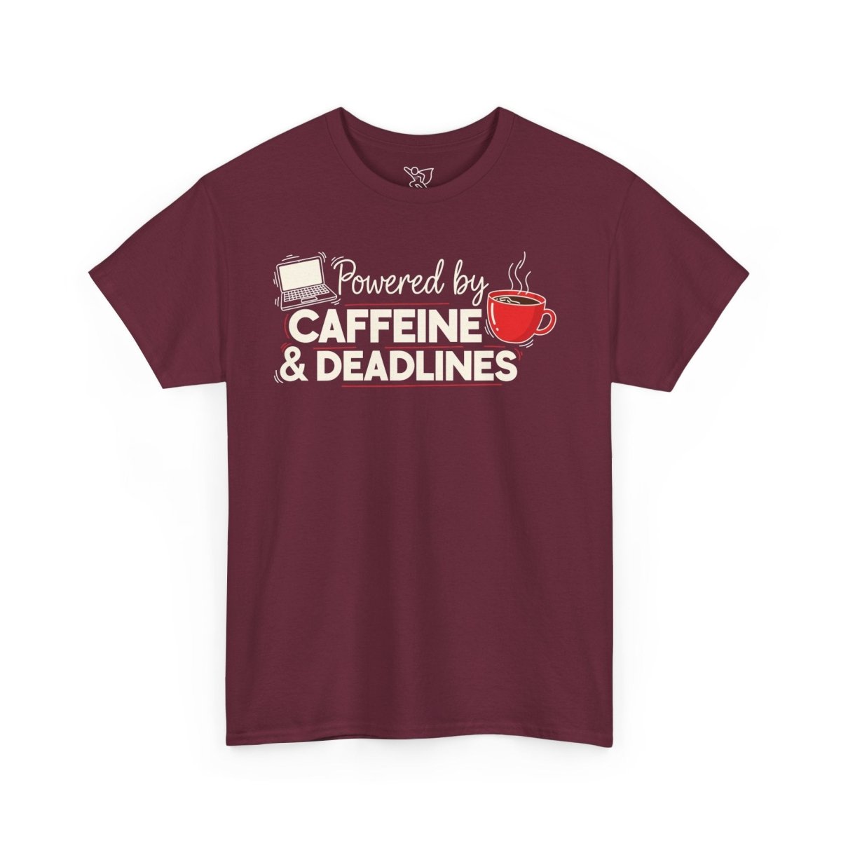 "Powered by Caffeine and Deadlines" Unisex Heavy Cotton Tee - Perfect Gift for Coffee Lovers, Writers, and Students, Casual Wear, Fun Graphic Tee - AI Tee Hero