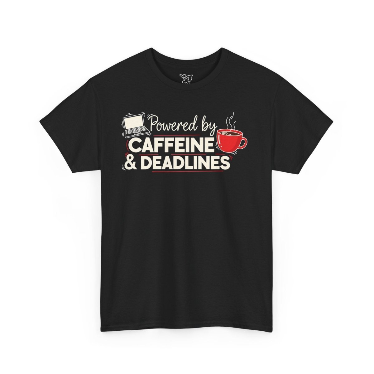 "Powered by Caffeine and Deadlines" Unisex Heavy Cotton Tee - Perfect Gift for Coffee Lovers, Writers, and Students, Casual Wear, Fun Graphic Tee - AI Tee Hero