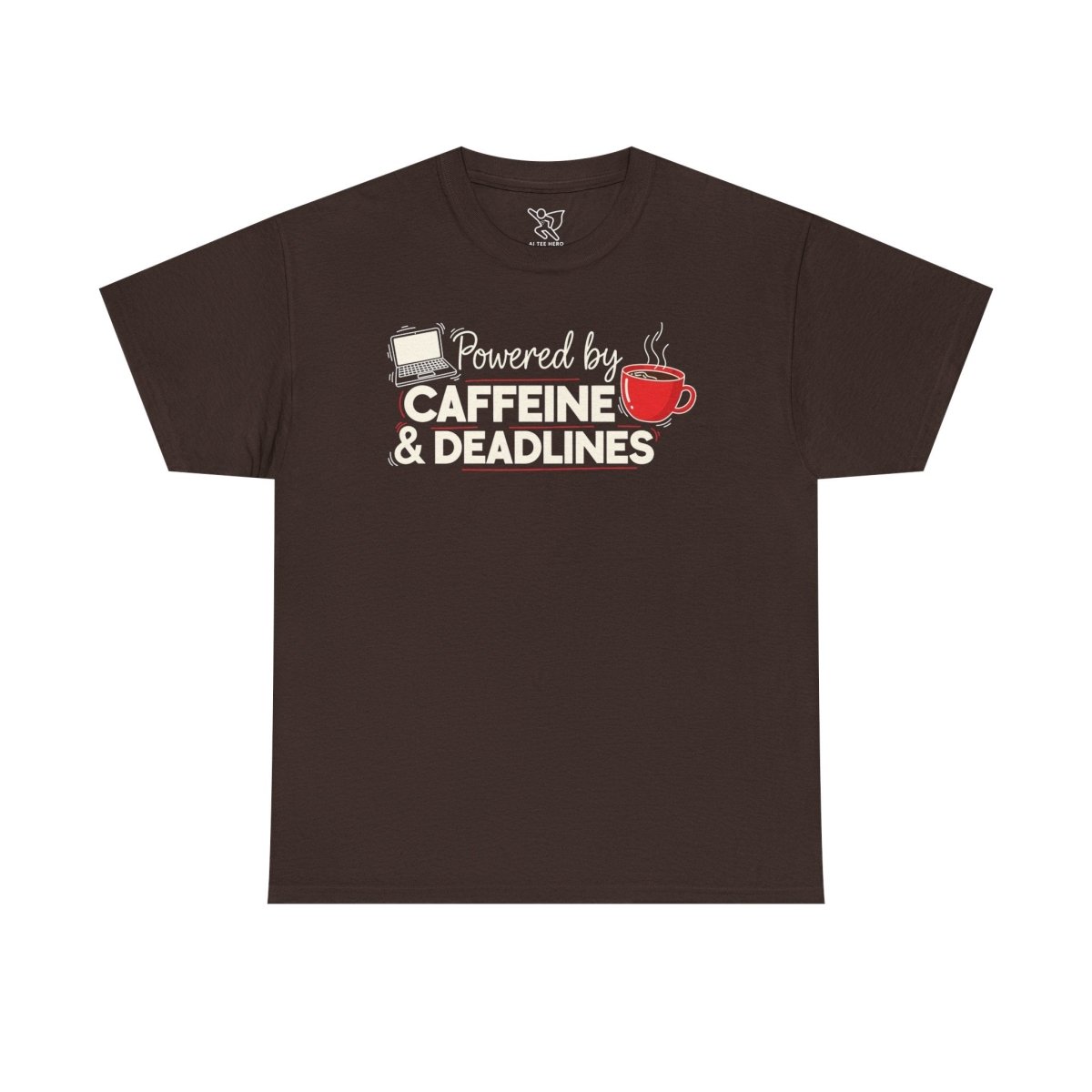 "Powered by Caffeine and Deadlines" Unisex Heavy Cotton Tee - Perfect Gift for Coffee Lovers, Writers, and Students, Casual Wear, Fun Graphic Tee - AI Tee Hero