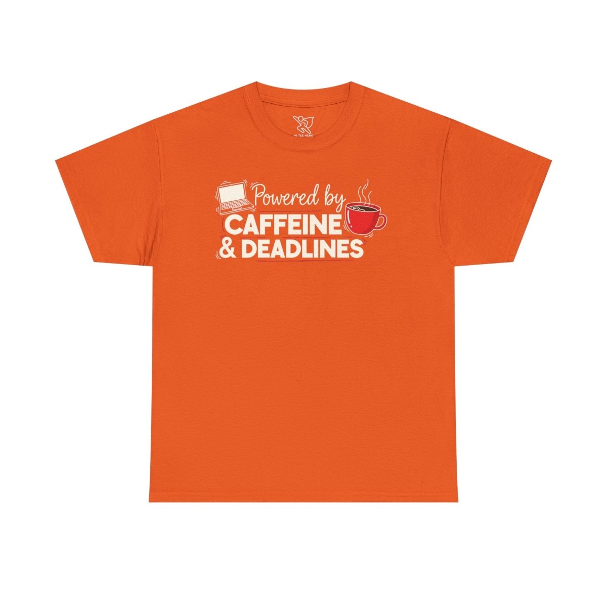 "Powered by Caffeine and Deadlines" Unisex Heavy Cotton Tee - Perfect Gift for Coffee Lovers, Writers, and Students, Casual Wear, Fun Graphic Tee - AI Tee Hero