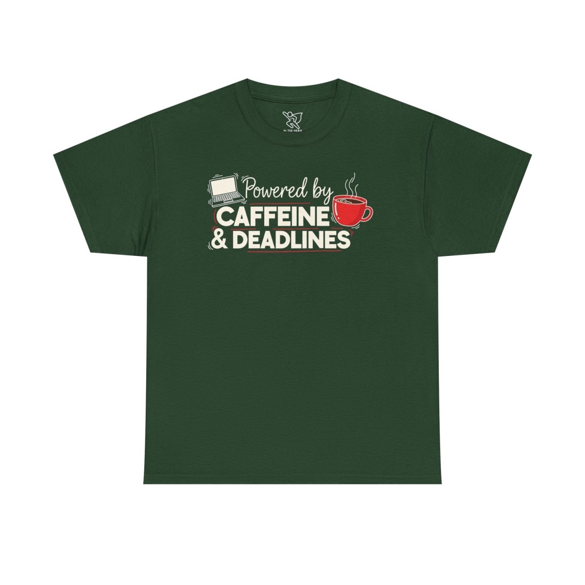 "Powered by Caffeine and Deadlines" Unisex Heavy Cotton Tee - Perfect Gift for Coffee Lovers, Writers, and Students, Casual Wear, Fun Graphic Tee - AI Tee Hero