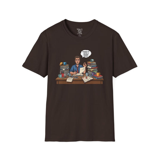 "Powered by Coffee and Grading Papers" CW - 1 Whimsical Humor T-Shirt, Quirky Graphic Tee, Perfect Gift for Book Lovers, Ideal for Birthdays or Casual Wear, Comfy Everyday Shirt - AI Tee Hero
