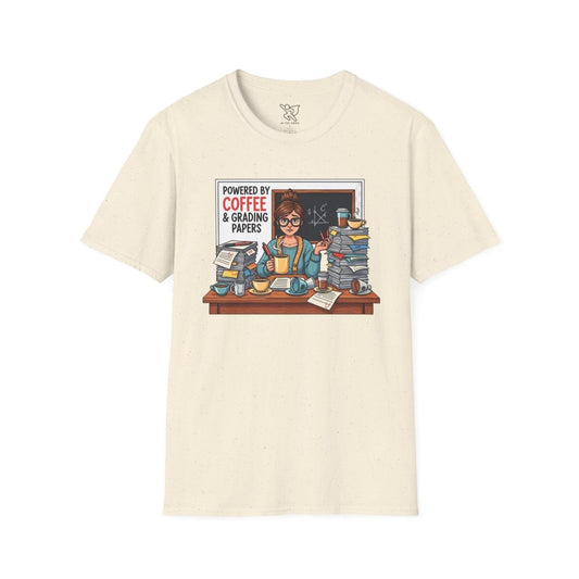 "Powered by Coffee and Grading Papers" CW - 2 Whimsical Humor T-Shirt, Quirky Graphic Tee, Perfect Gift for Book Lovers, Ideal for Birthdays or Casual Wear, Comfy Everyday Shirt - AI Tee Hero