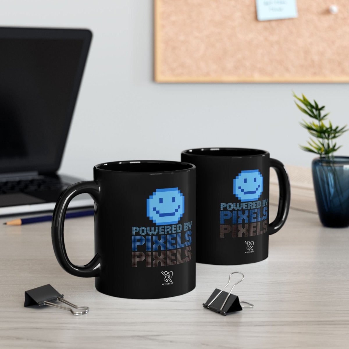 "Powered by Pixels" Art Coffee Mug - Retro Gaming Mug, Fun Gift for Gamers, Office Mug, Birthday Present, 11oz and 15oz Sizes - AI Tee Hero