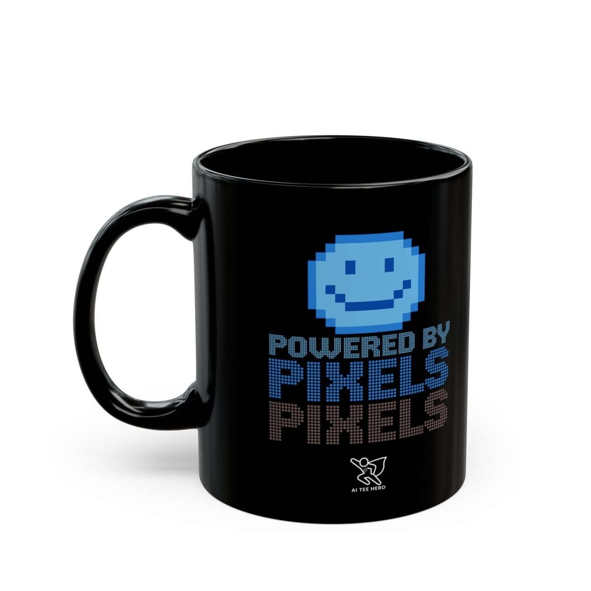 "Powered by Pixels" Art Coffee Mug - Retro Gaming Mug, Fun Gift for Gamers, Office Mug, Birthday Present, 11oz and 15oz Sizes - AI Tee Hero