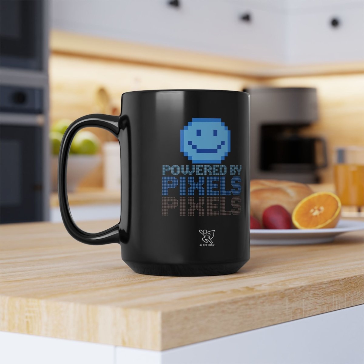 "Powered by Pixels" Art Coffee Mug - Retro Gaming Mug, Fun Gift for Gamers, Office Mug, Birthday Present, 11oz and 15oz Sizes - AI Tee Hero