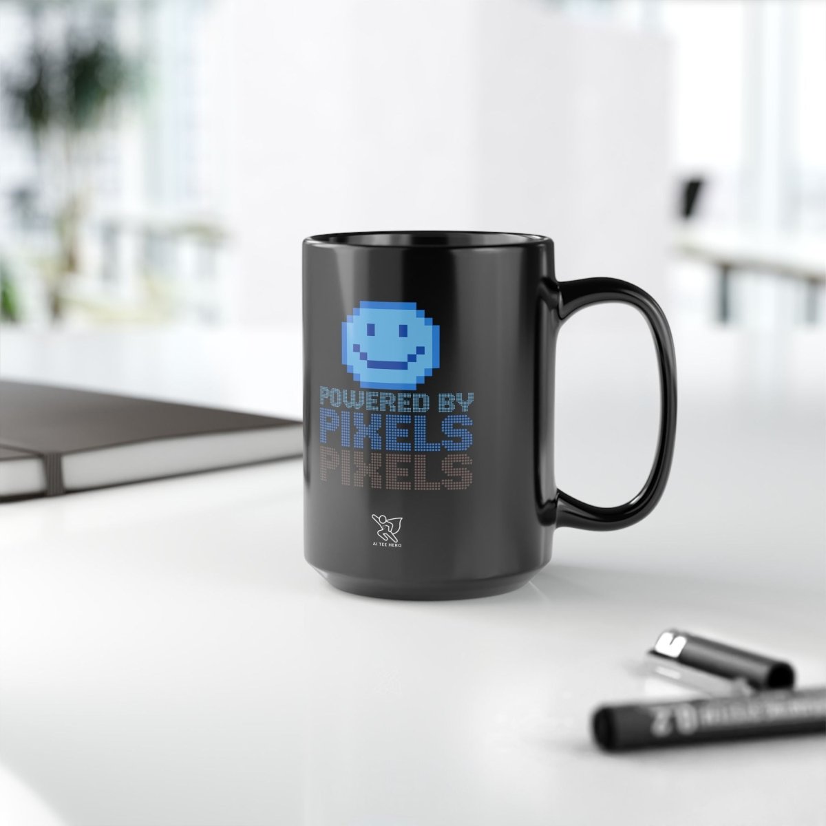 "Powered by Pixels" Art Coffee Mug - Retro Gaming Mug, Fun Gift for Gamers, Office Mug, Birthday Present, 11oz and 15oz Sizes - AI Tee Hero