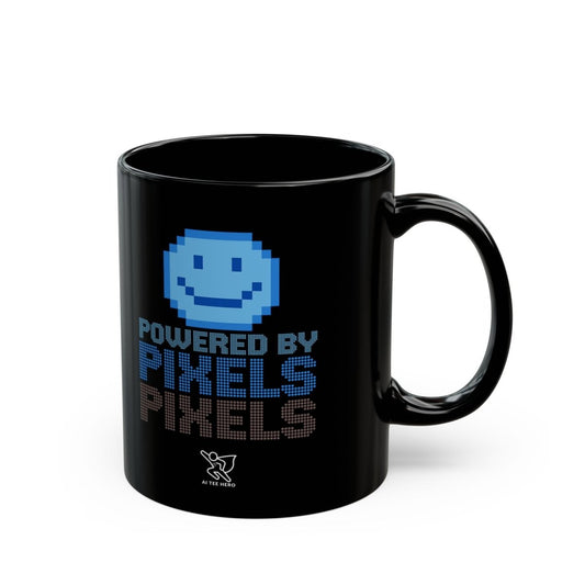 "Powered by Pixels" Art Coffee Mug - Retro Gaming Mug, Fun Gift for Gamers, Office Mug, Birthday Present, 11oz and 15oz Sizes - AI Tee Hero