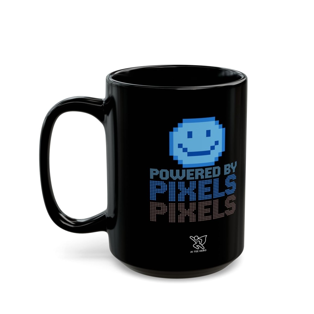 "Powered by Pixels" Art Coffee Mug - Retro Gaming Mug, Fun Gift for Gamers, Office Mug, Birthday Present, 11oz and 15oz Sizes - AI Tee Hero