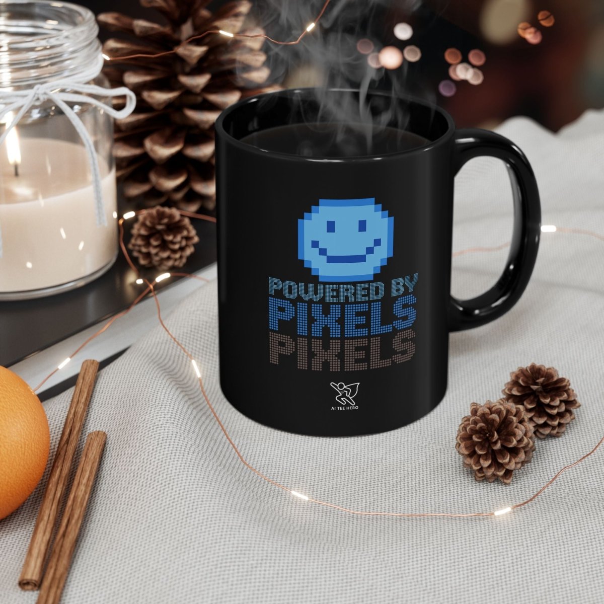 "Powered by Pixels" Art Coffee Mug - Retro Gaming Mug, Fun Gift for Gamers, Office Mug, Birthday Present, 11oz and 15oz Sizes - AI Tee Hero