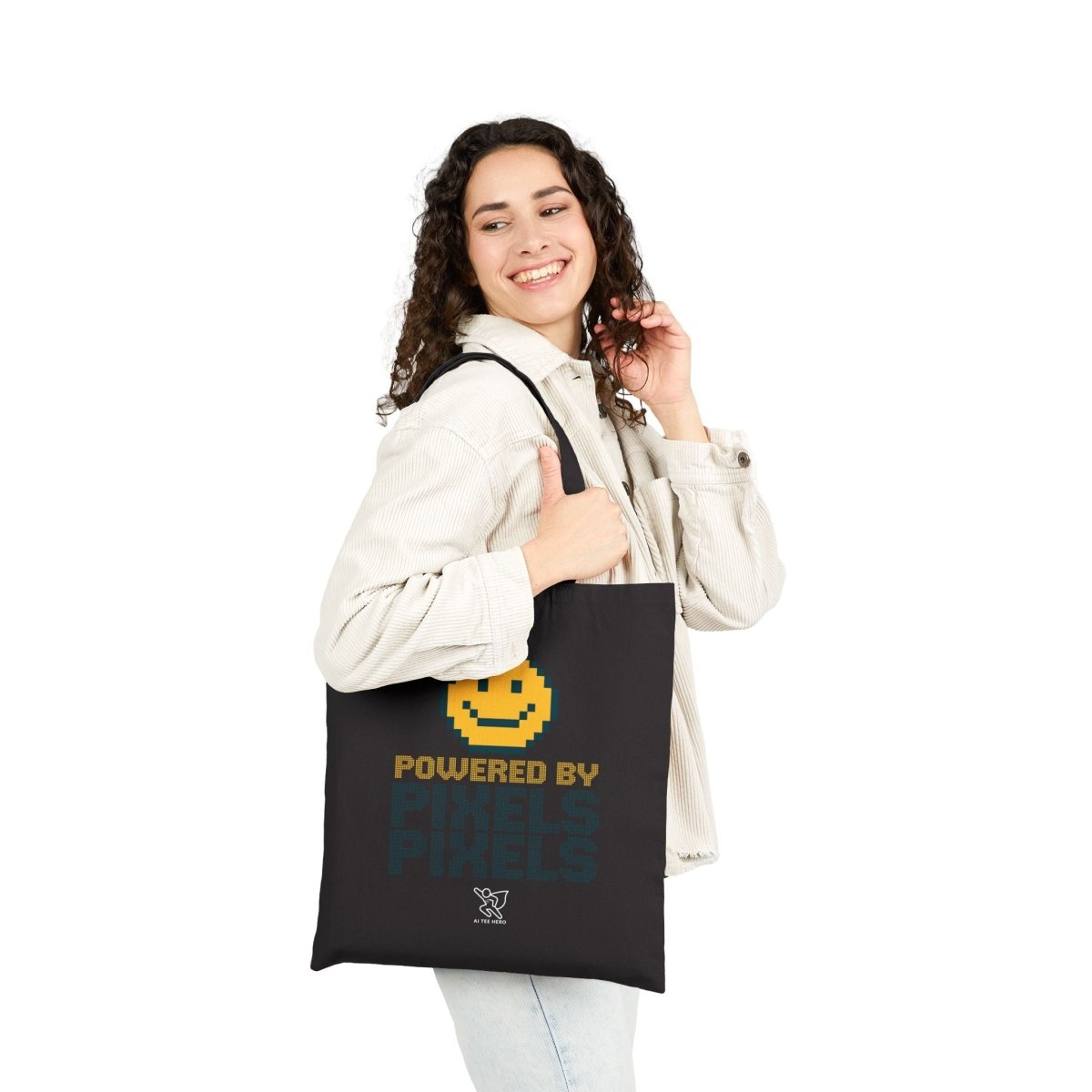 "Powered by Pixels" Pixelated Smile Cotton Canvas Tote Bag, Eco - Friendly Shopping Bag, Cute Gift for Gamers, Reusable Grocery Bag, Beach Bag - AI Tee Hero