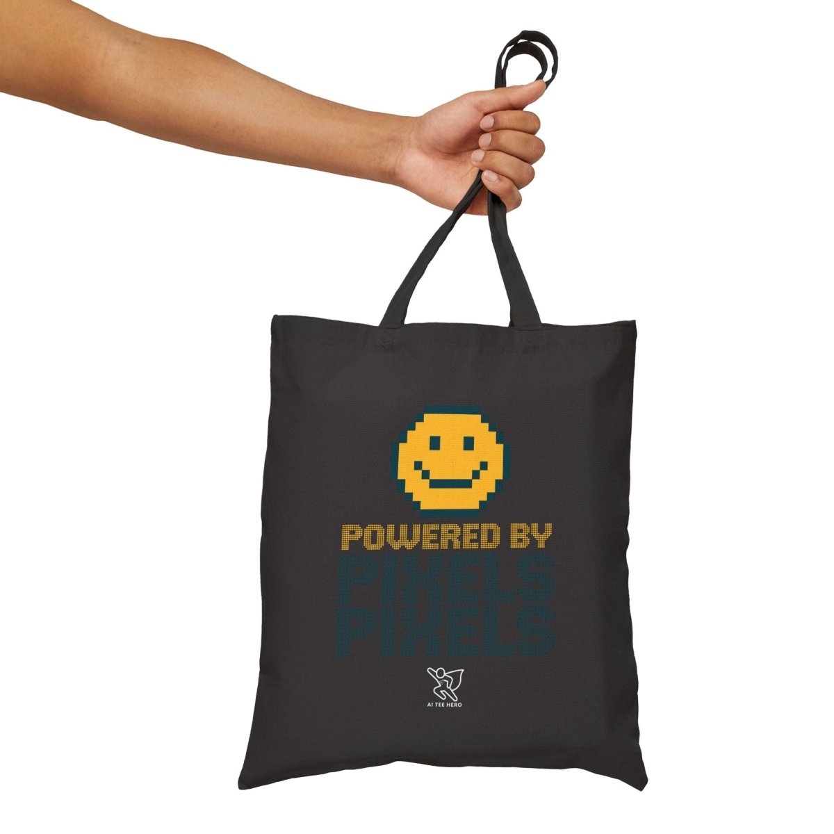 "Powered by Pixels" Pixelated Smile Cotton Canvas Tote Bag, Eco - Friendly Shopping Bag, Cute Gift for Gamers, Reusable Grocery Bag, Beach Bag - AI Tee Hero