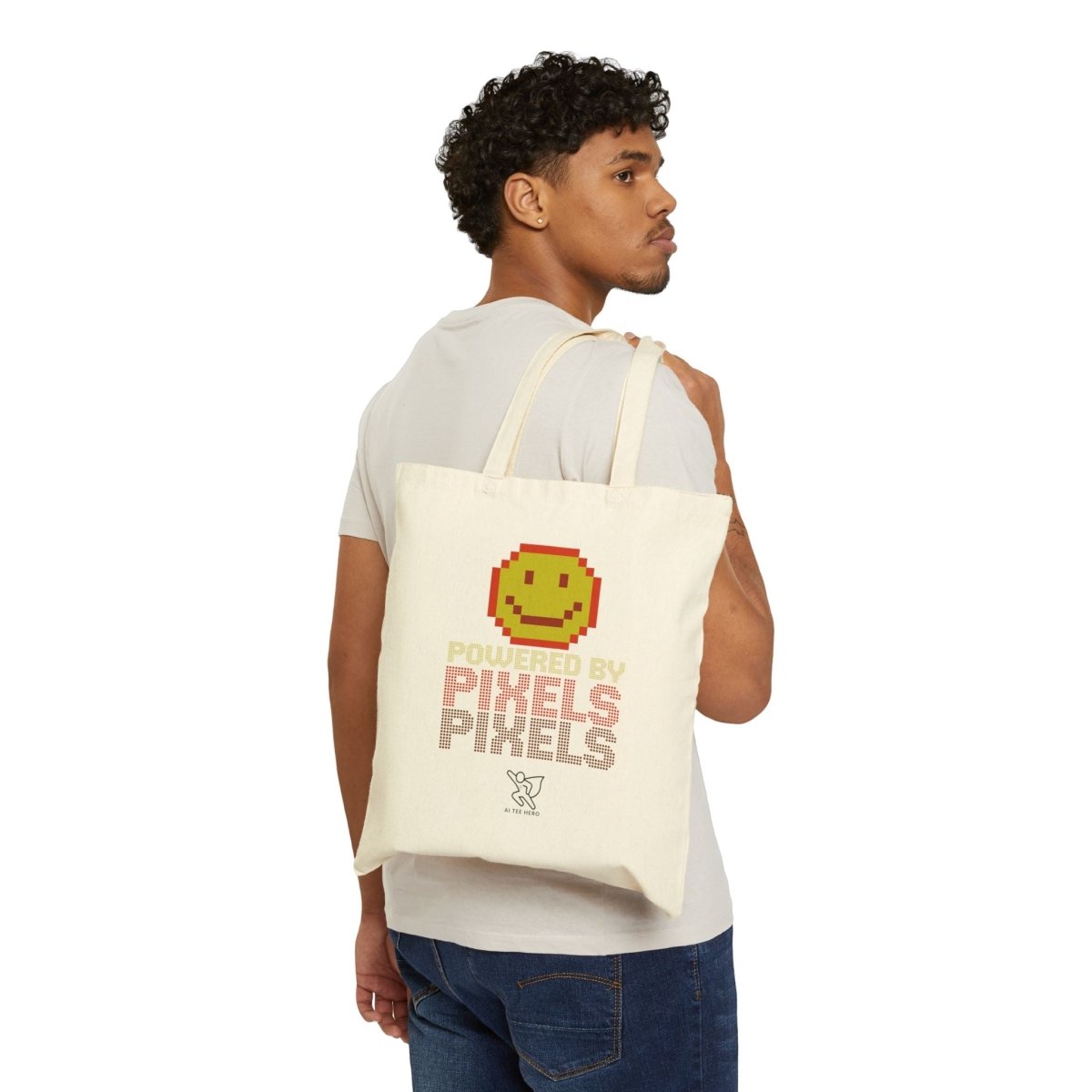 "Powered by Pixels" Pixelated Smile Cotton Canvas Tote Bag, Eco - Friendly Shopping Bag, Cute Gift for Gamers, Reusable Grocery Bag, Beach Bag - AI Tee Hero