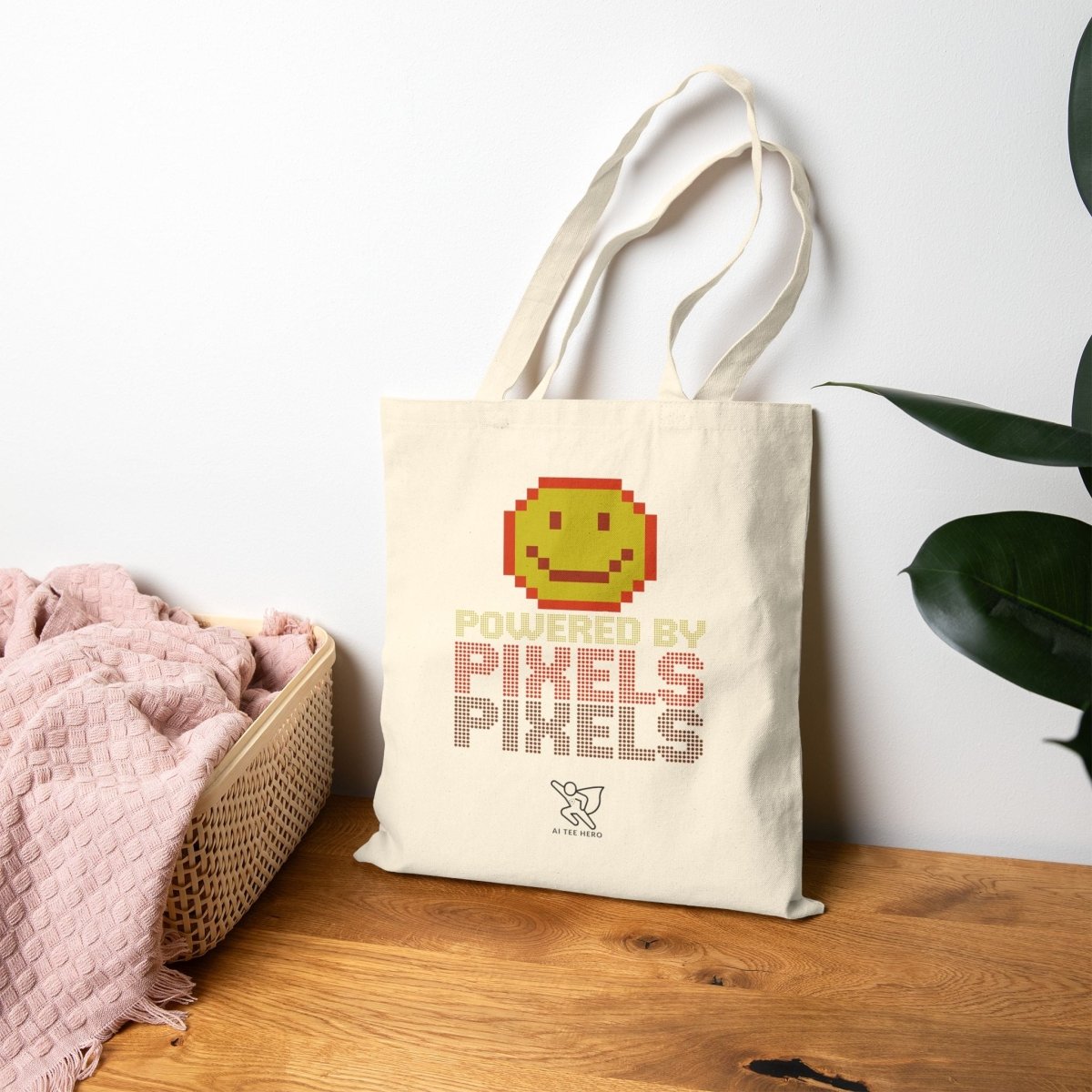 "Powered by Pixels" Pixelated Smile Cotton Canvas Tote Bag, Eco - Friendly Shopping Bag, Cute Gift for Gamers, Reusable Grocery Bag, Beach Bag - AI Tee Hero