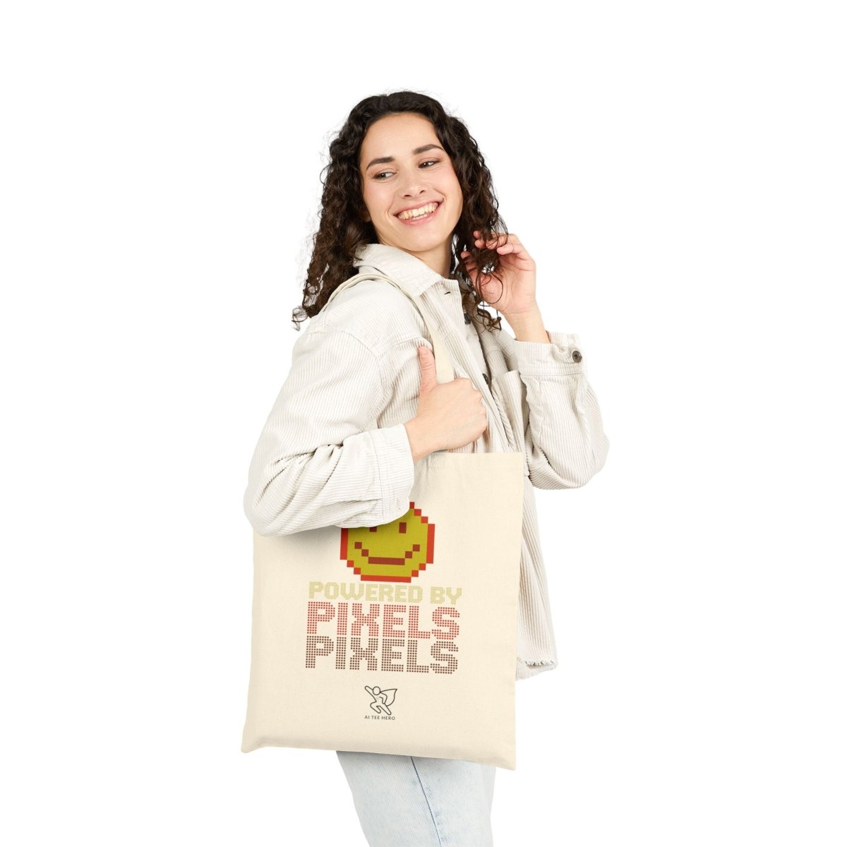 "Powered by Pixels" Pixelated Smile Cotton Canvas Tote Bag, Eco - Friendly Shopping Bag, Cute Gift for Gamers, Reusable Grocery Bag, Beach Bag - AI Tee Hero
