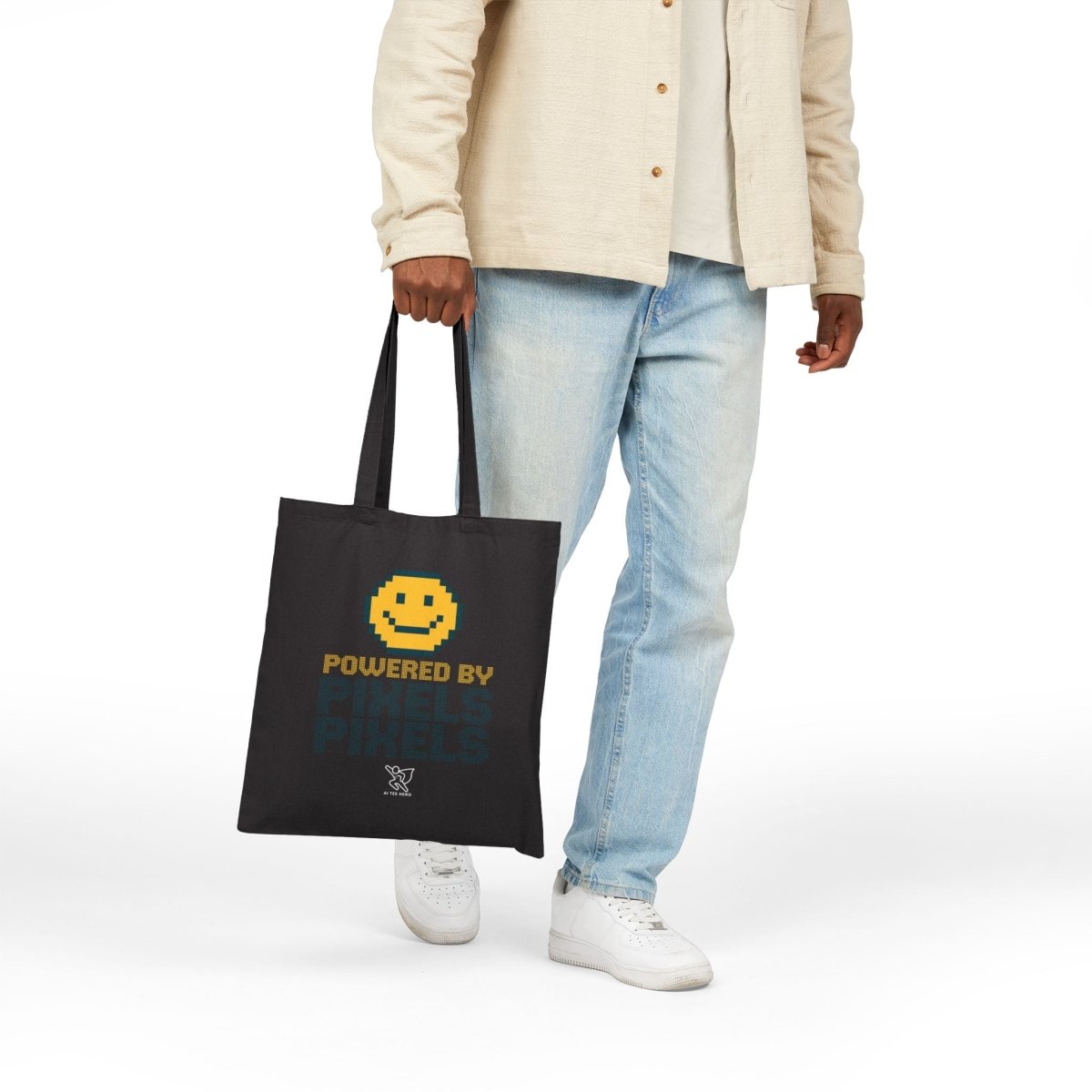 "Powered by Pixels" Pixelated Smile Cotton Canvas Tote Bag, Eco - Friendly Shopping Bag, Cute Gift for Gamers, Reusable Grocery Bag, Beach Bag - AI Tee Hero