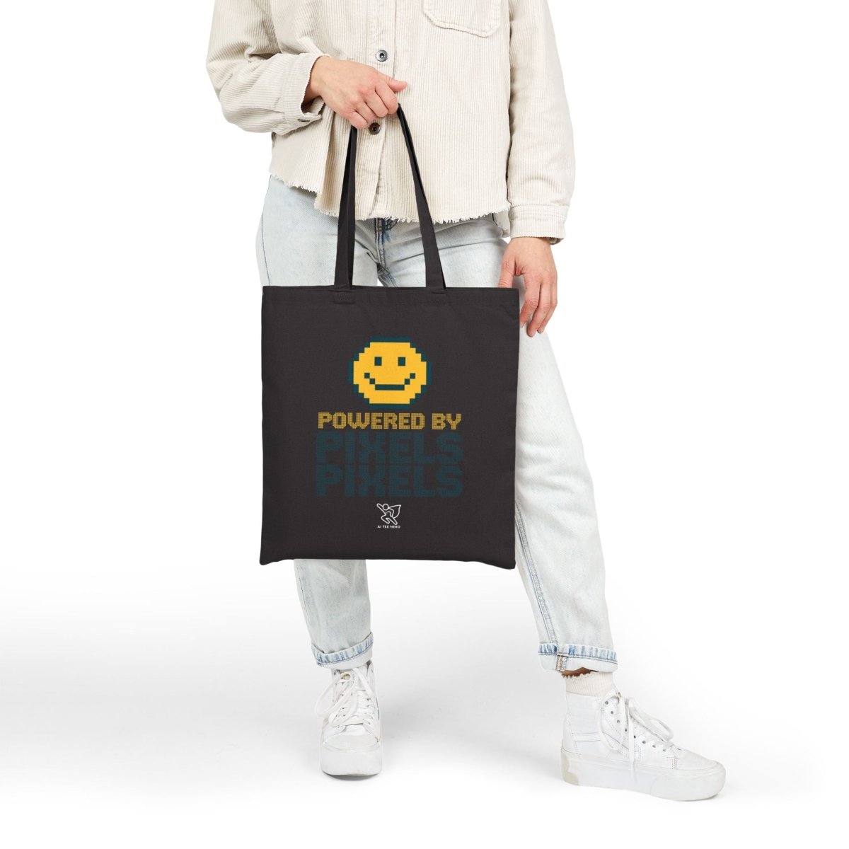 "Powered by Pixels" Pixelated Smile Cotton Canvas Tote Bag, Eco - Friendly Shopping Bag, Cute Gift for Gamers, Reusable Grocery Bag, Beach Bag - AI Tee Hero
