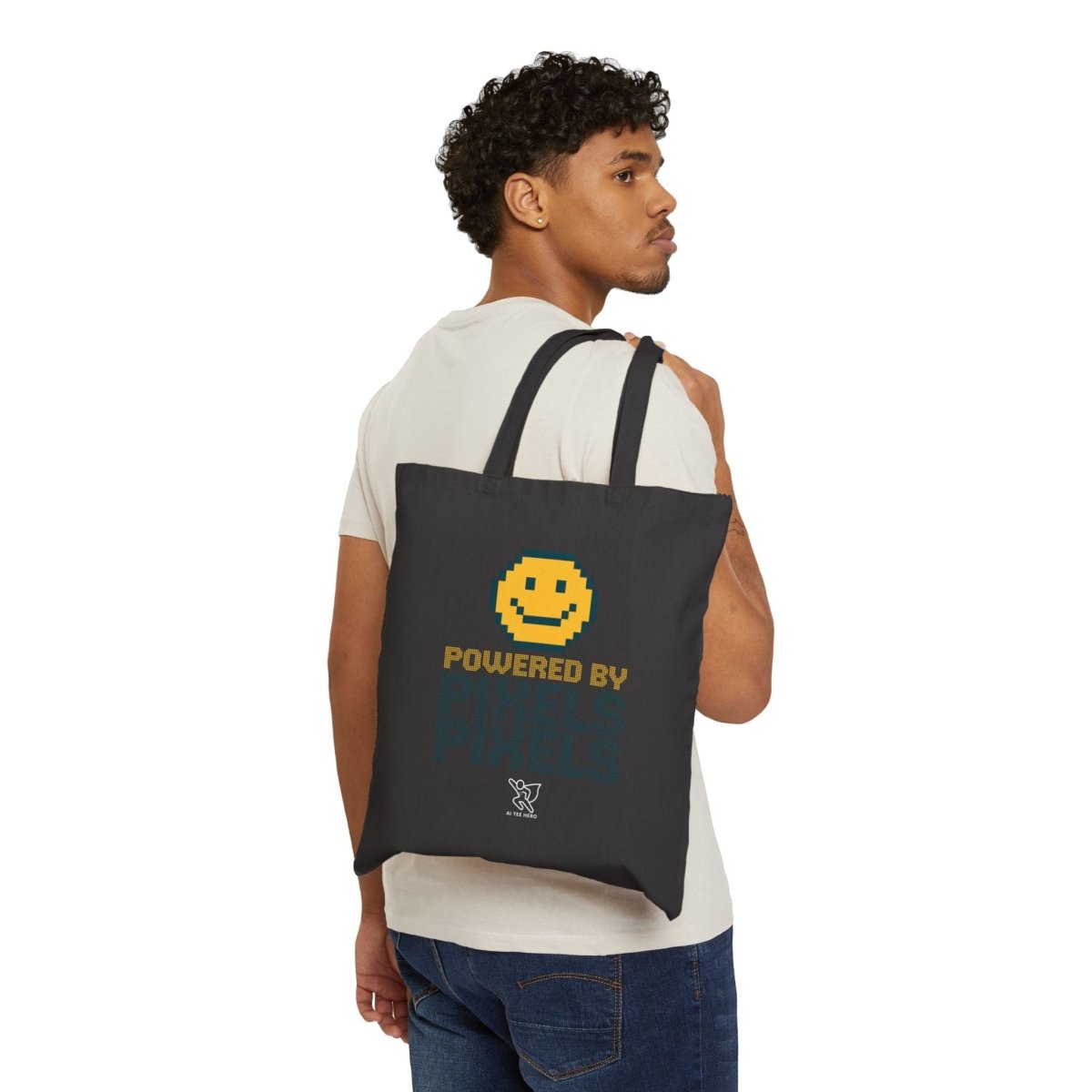 "Powered by Pixels" Pixelated Smile Cotton Canvas Tote Bag, Eco - Friendly Shopping Bag, Cute Gift for Gamers, Reusable Grocery Bag, Beach Bag - AI Tee Hero