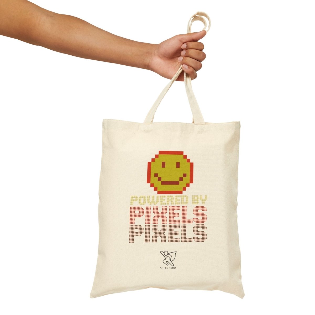 "Powered by Pixels" Pixelated Smile Cotton Canvas Tote Bag, Eco - Friendly Shopping Bag, Cute Gift for Gamers, Reusable Grocery Bag, Beach Bag - AI Tee Hero