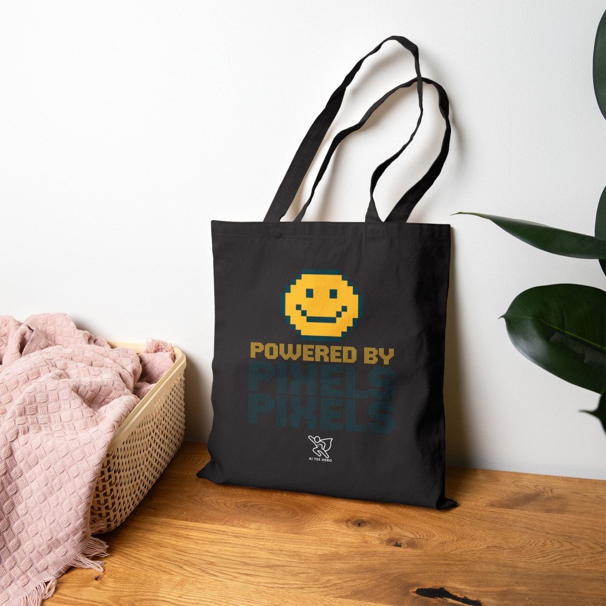 "Powered by Pixels" Pixelated Smile Cotton Canvas Tote Bag, Eco - Friendly Shopping Bag, Cute Gift for Gamers, Reusable Grocery Bag, Beach Bag - AI Tee Hero