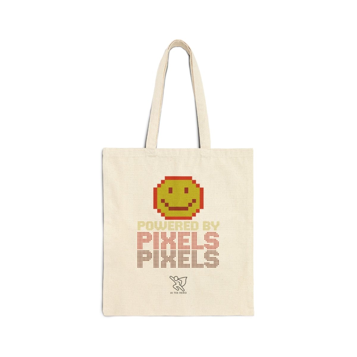 "Powered by Pixels" Pixelated Smile Cotton Canvas Tote Bag, Eco - Friendly Shopping Bag, Cute Gift for Gamers, Reusable Grocery Bag, Beach Bag - AI Tee Hero