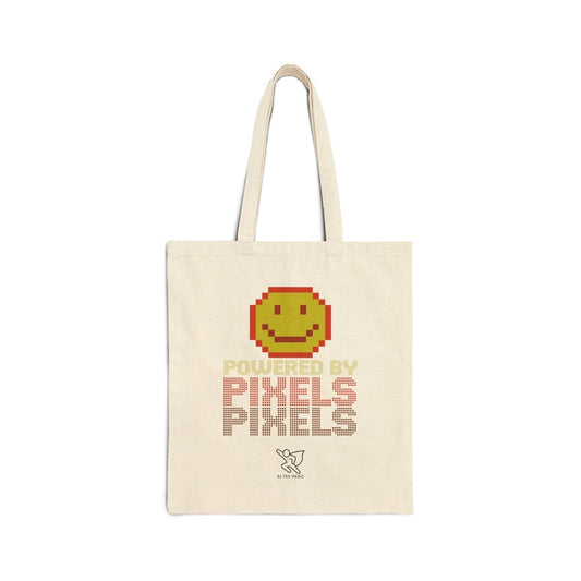 "Powered by Pixels" Pixelated Smile Cotton Canvas Tote Bag, Eco - Friendly Shopping Bag, Cute Gift for Gamers, Reusable Grocery Bag, Beach Bag - AI Tee Hero