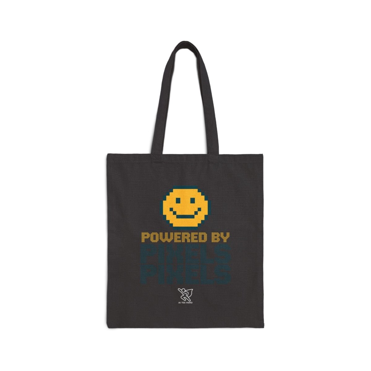 "Powered by Pixels" Pixelated Smile Cotton Canvas Tote Bag, Eco - Friendly Shopping Bag, Cute Gift for Gamers, Reusable Grocery Bag, Beach Bag - AI Tee Hero