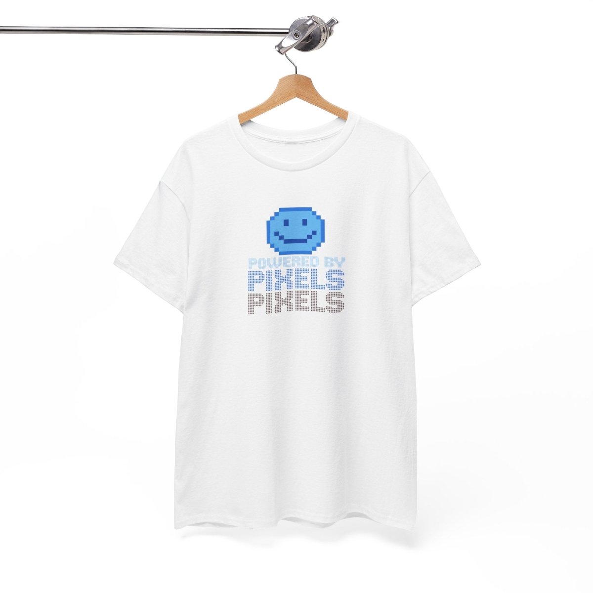 "Powered by Pixels" Unisex Tee: Retro Gamer Shirt, Cute Gaming Apparel, Gift for Gamers, Fun Graphic T-Shirt, Playful Pixelated Design CW - 1 Blue - AI Tee Hero