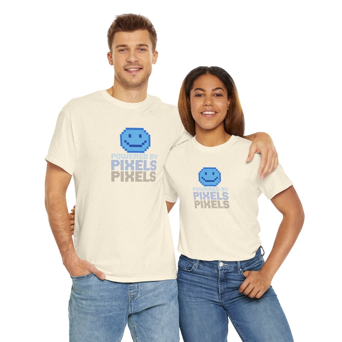 "Powered by Pixels" Unisex Tee: Retro Gamer Shirt, Cute Gaming Apparel, Gift for Gamers, Fun Graphic T-Shirt, Playful Pixelated Design CW - 1 Blue - AI Tee Hero