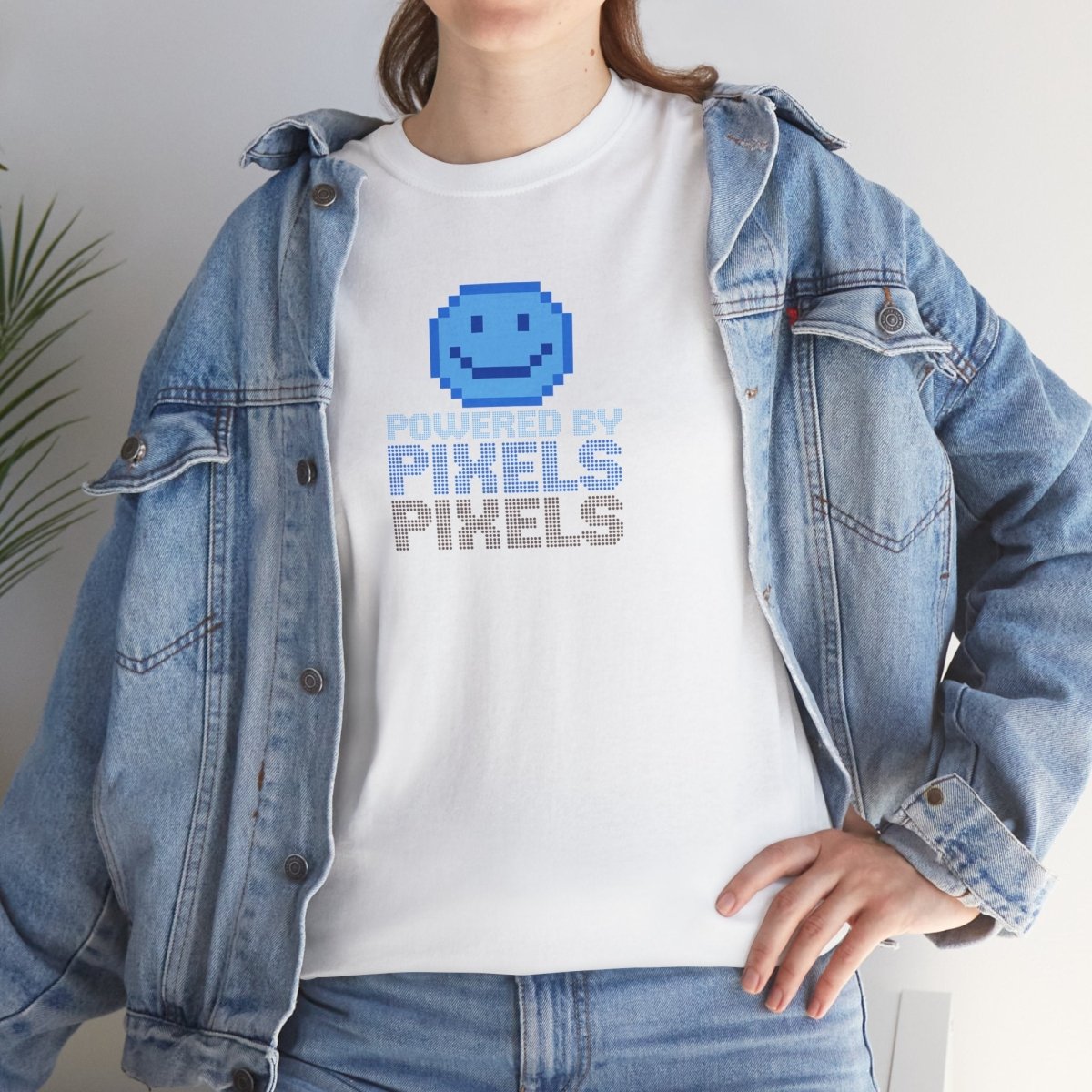 "Powered by Pixels" Unisex Tee: Retro Gamer Shirt, Cute Gaming Apparel, Gift for Gamers, Fun Graphic T-Shirt, Playful Pixelated Design CW - 1 Blue - AI Tee Hero