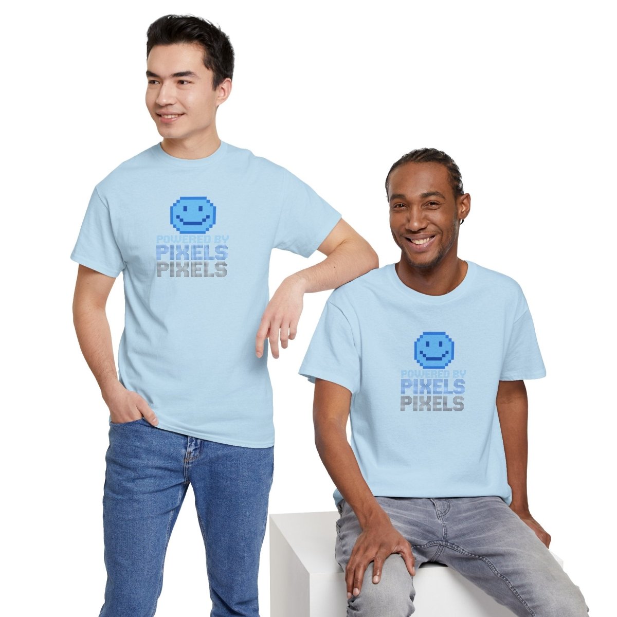 "Powered by Pixels" Unisex Tee: Retro Gamer Shirt, Cute Gaming Apparel, Gift for Gamers, Fun Graphic T-Shirt, Playful Pixelated Design CW - 1 Blue - AI Tee Hero