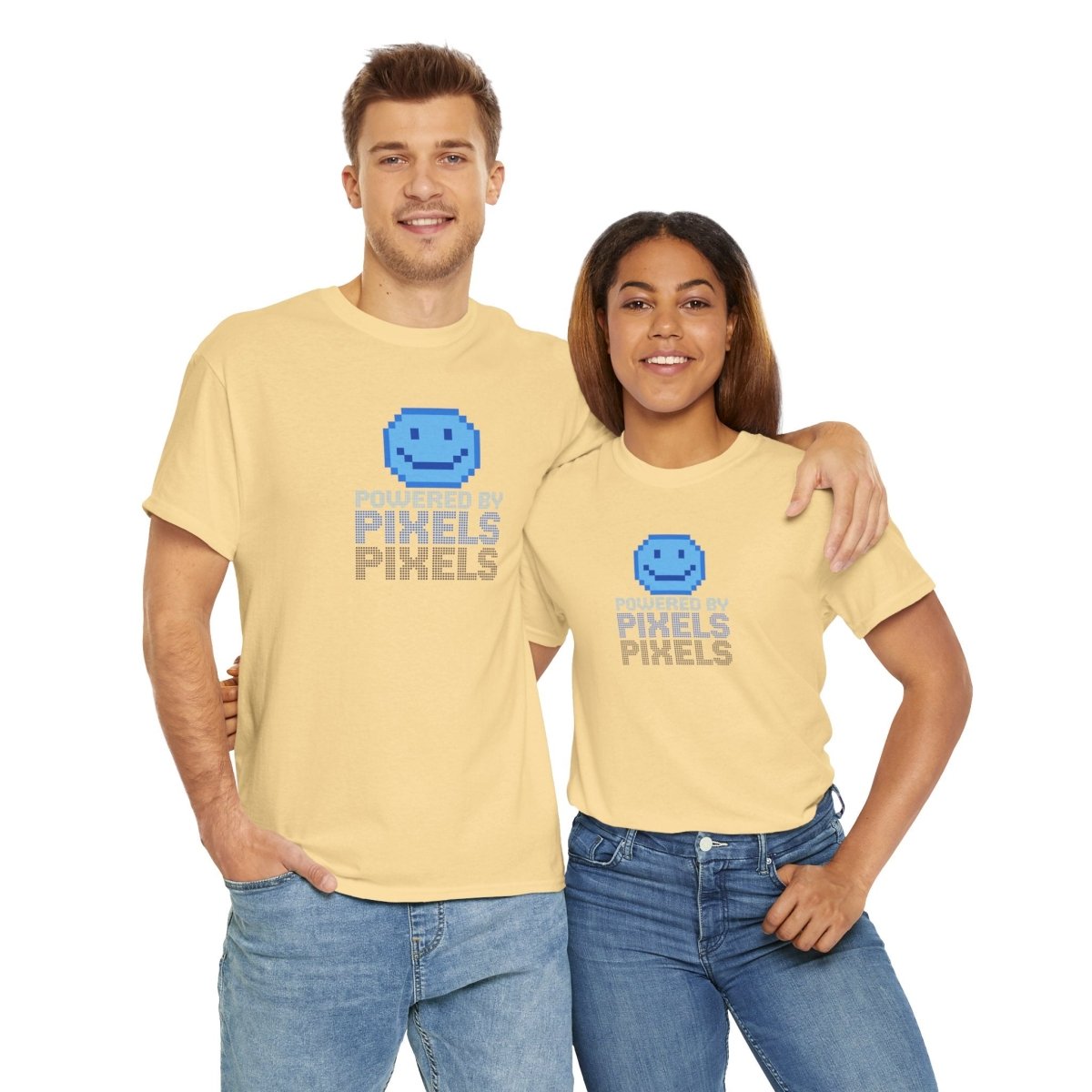 "Powered by Pixels" Unisex Tee: Retro Gamer Shirt, Cute Gaming Apparel, Gift for Gamers, Fun Graphic T-Shirt, Playful Pixelated Design CW - 1 Blue - AI Tee Hero