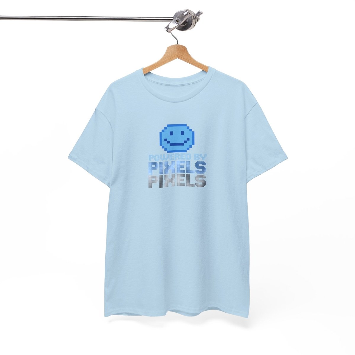 "Powered by Pixels" Unisex Tee: Retro Gamer Shirt, Cute Gaming Apparel, Gift for Gamers, Fun Graphic T-Shirt, Playful Pixelated Design CW - 1 Blue - AI Tee Hero