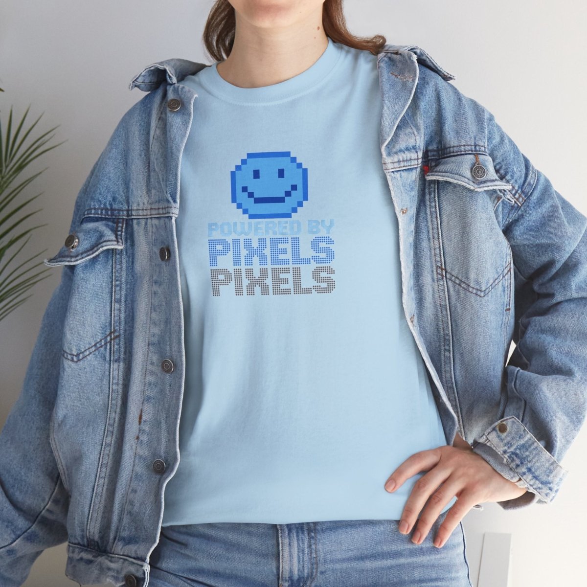 "Powered by Pixels" Unisex Tee: Retro Gamer Shirt, Cute Gaming Apparel, Gift for Gamers, Fun Graphic T-Shirt, Playful Pixelated Design CW - 1 Blue - AI Tee Hero