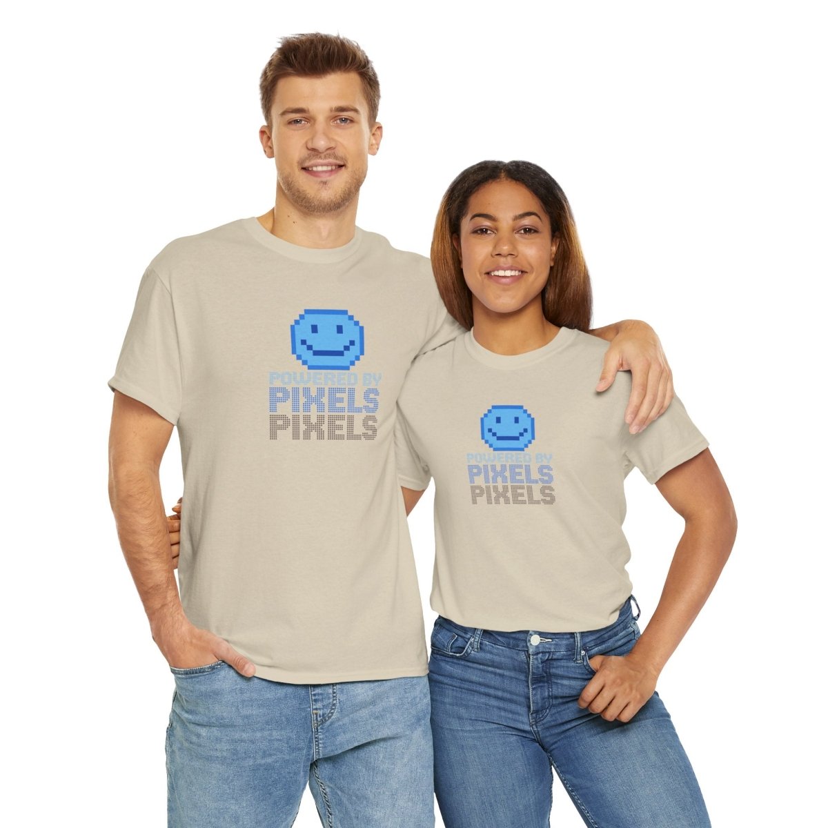 "Powered by Pixels" Unisex Tee: Retro Gamer Shirt, Cute Gaming Apparel, Gift for Gamers, Fun Graphic T-Shirt, Playful Pixelated Design CW - 1 Blue - AI Tee Hero