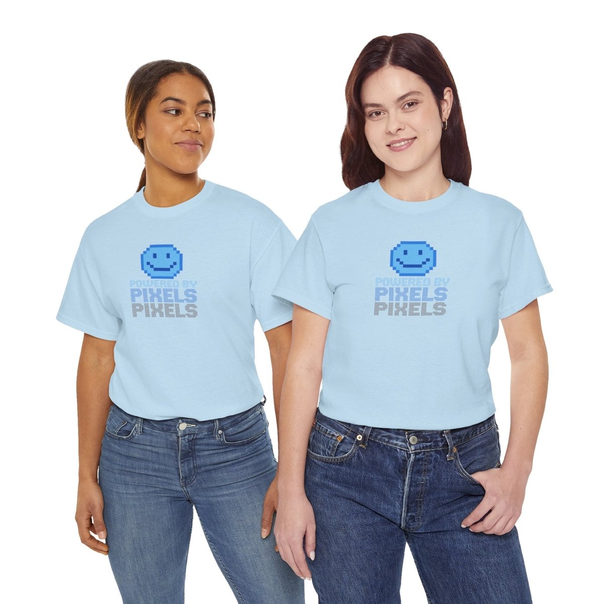 "Powered by Pixels" Unisex Tee: Retro Gamer Shirt, Cute Gaming Apparel, Gift for Gamers, Fun Graphic T-Shirt, Playful Pixelated Design CW - 1 Blue - AI Tee Hero