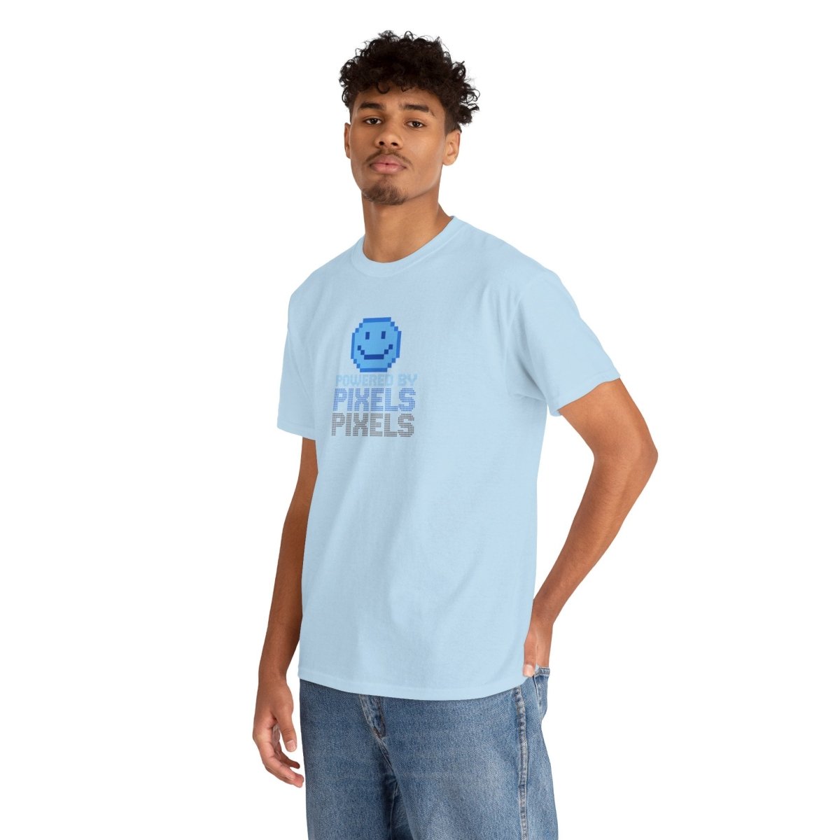 "Powered by Pixels" Unisex Tee: Retro Gamer Shirt, Cute Gaming Apparel, Gift for Gamers, Fun Graphic T-Shirt, Playful Pixelated Design CW - 1 Blue - AI Tee Hero