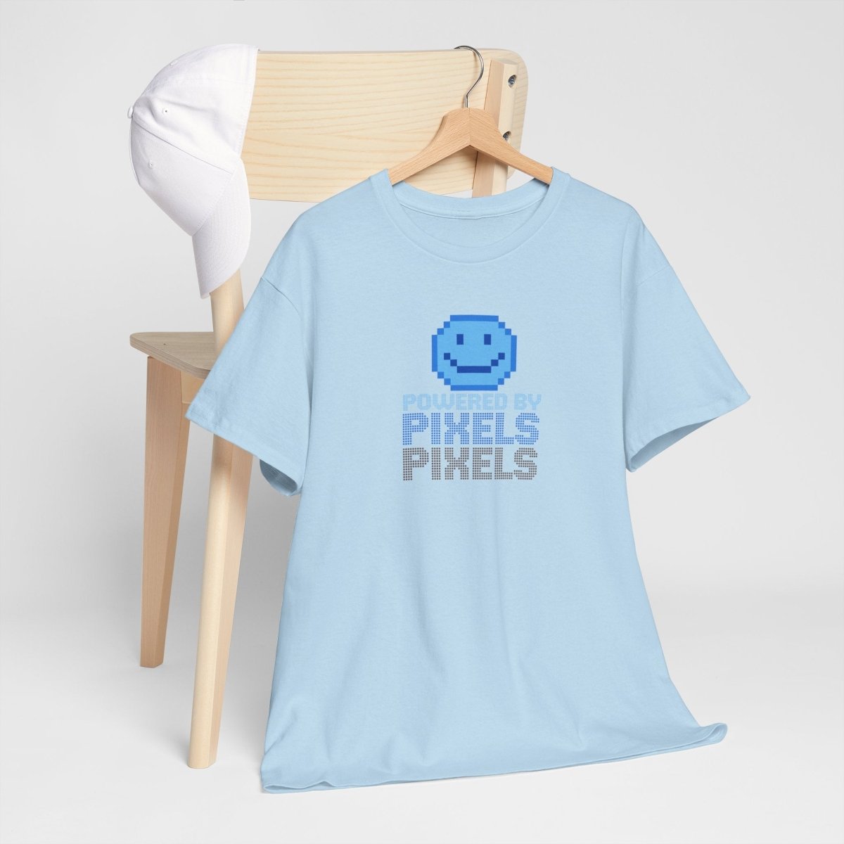"Powered by Pixels" Unisex Tee: Retro Gamer Shirt, Cute Gaming Apparel, Gift for Gamers, Fun Graphic T-Shirt, Playful Pixelated Design CW - 1 Blue - AI Tee Hero