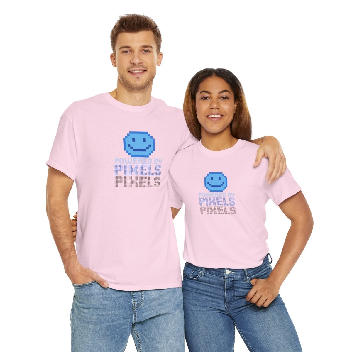 "Powered by Pixels" Unisex Tee: Retro Gamer Shirt, Cute Gaming Apparel, Gift for Gamers, Fun Graphic T-Shirt, Playful Pixelated Design CW - 1 Blue - AI Tee Hero