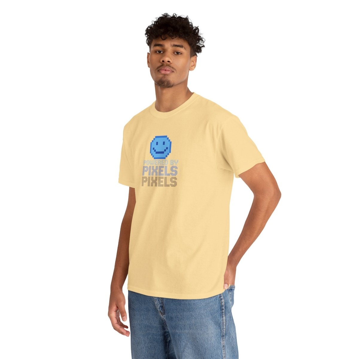"Powered by Pixels" Unisex Tee: Retro Gamer Shirt, Cute Gaming Apparel, Gift for Gamers, Fun Graphic T-Shirt, Playful Pixelated Design CW - 1 Blue - AI Tee Hero