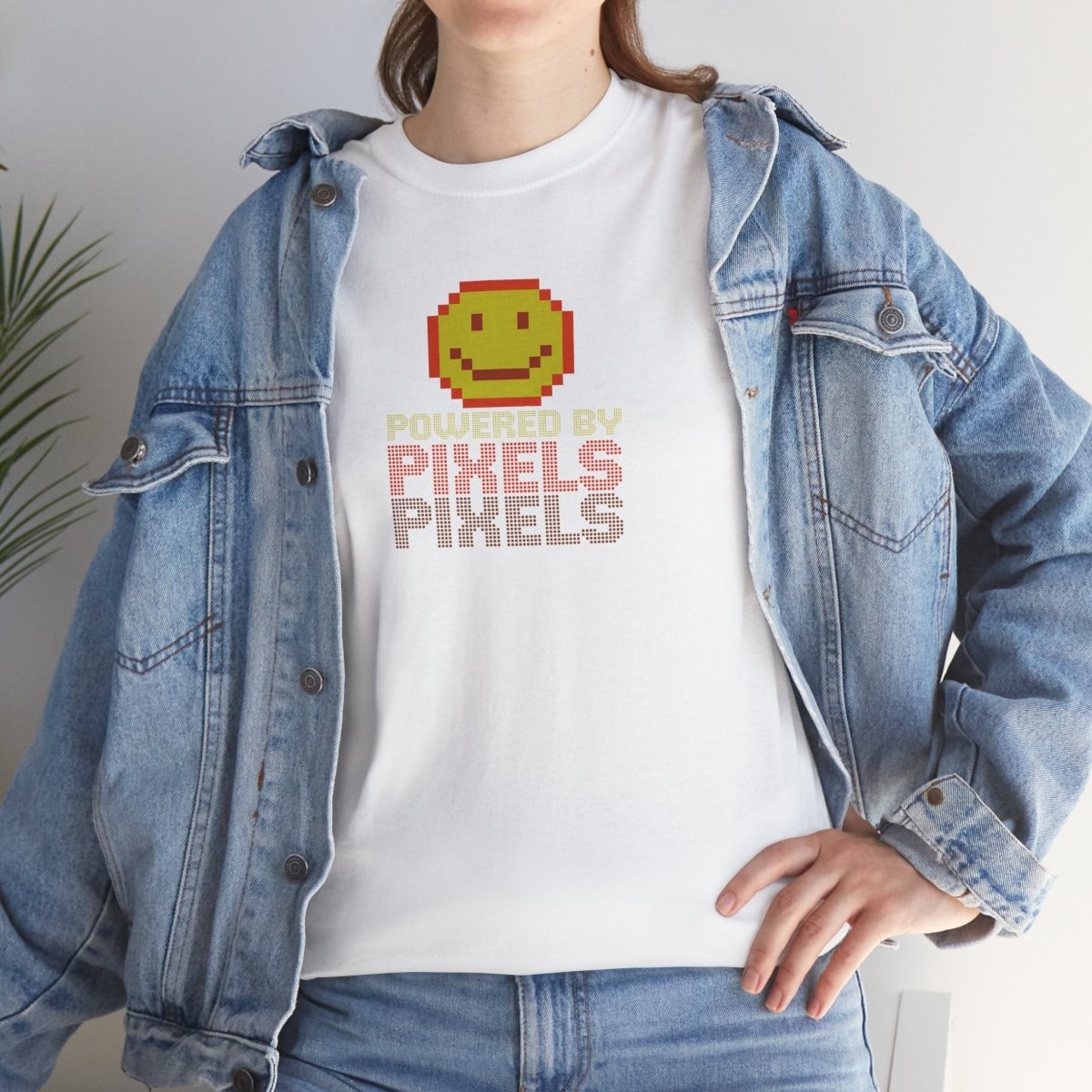 "Powered by Pixels" Unisex Tee: Retro Gamer Shirt, Cute Gaming Apparel, Gift for Gamers, Fun Graphic T-Shirt, Playful Pixelated Design CW - 2 Yellow Orange - AI Tee Hero